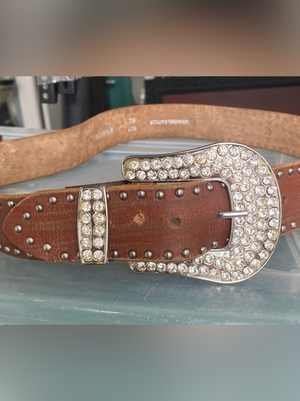 Women's Size XL Brown Leather Belt Western Bling Rhinestones Western Cowgirl